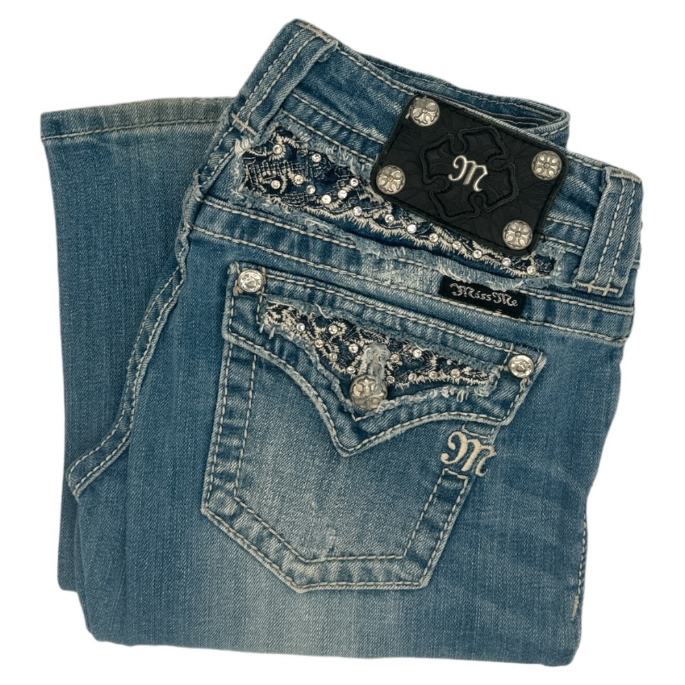 Miss Me Jeans Signature Boot Cut Flap Pocket Rhinestones - Medium Blue - Size 26